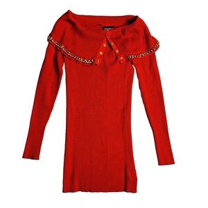 BEBE Red Off The Shoulder Ribbed Knit Sweater Dress Gold Chain Snap Button XS